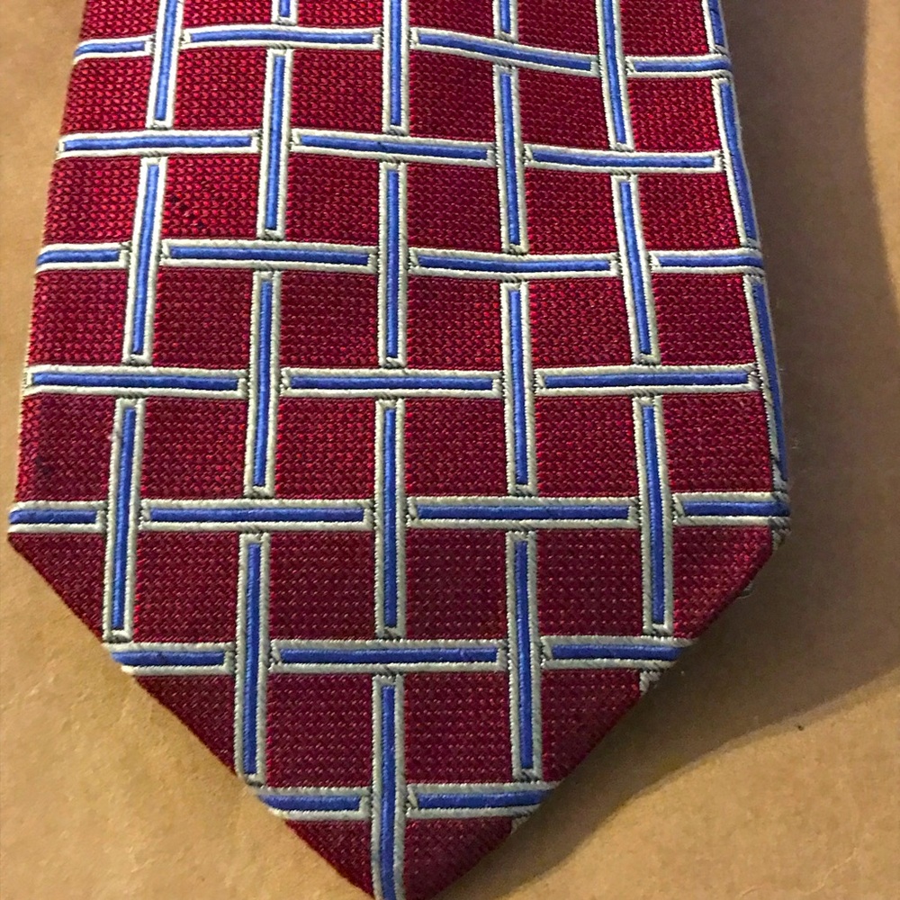 Hickey Freeman Red with Lt blue hatch pattern Silk Tie